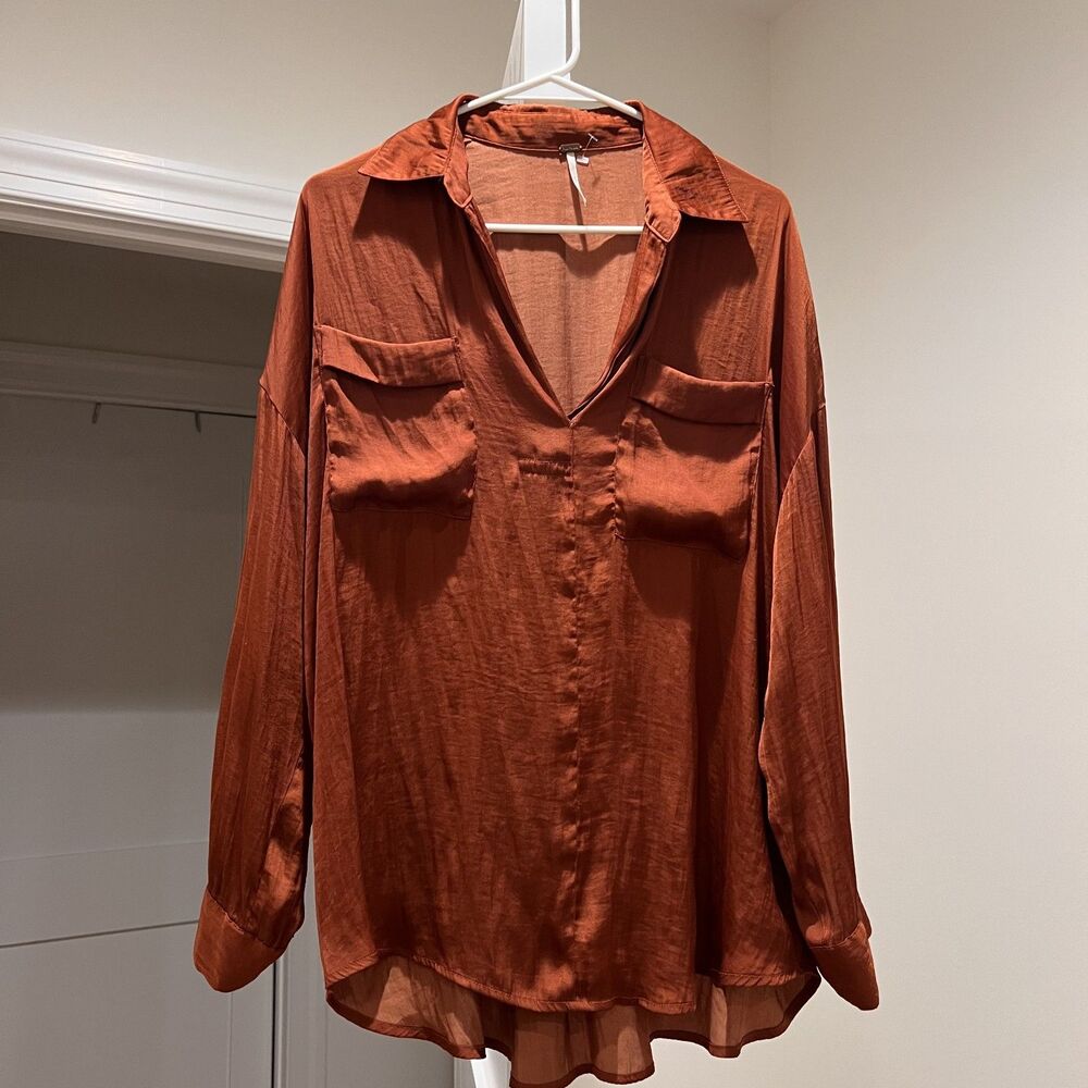 Free People Rust Orange Satin Shirt Size Small